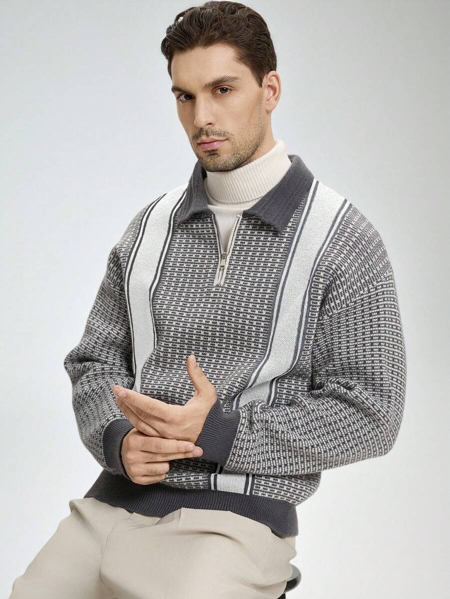 Manfinity CityGents 男士格子条纹长袖拉链 Polo 领休闲毛衣，秋冬 - 彩色 - 查看 1