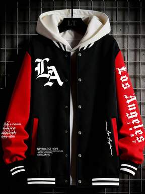 Manfinity Homme قميص ثقيل كاجوال للرجال بطبعة حرفية ولون متباين، خريفي