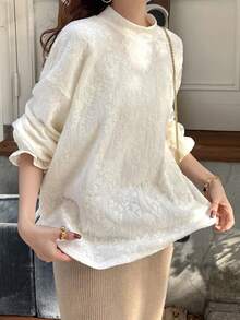 FRIFUL 女款素色蕾絲布料高領長袖襯衫 - 米色 - 查看 4