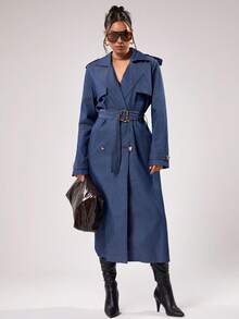 EURMUSE 女士蓝色牛仔布质感长款风衣 – 金色纽扣细节，腰部系带，全长天丝仿牛仔面料 - 藍色 - 查看 2