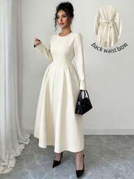 Elenzga 女性用エレガントなフレンチロマンチック ヴィンテージ かわいいオフィス通勤 ストリート アフタヌーンティーパーティー サンクスギビング 入学式 スクエアネック Aラインロングスリーブマキシワンピース ウエストリボン パフスリーブ、春、秋、冬に適しています