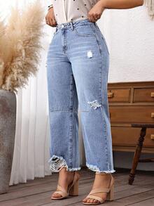 EMERY ROSE Plus Size Women Cowgirl Blue Inelastic Distressed Frayed Hem Loose Fit Cropped Jeans, Rodeo - Blue - View 6