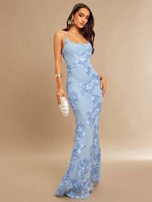 Silquee 春夏蓝色和浅蓝色吊带低胸修身美人鱼3D刺绣优雅长裙，适合情人节、圣诞节、约会、外出、夜店派对、婚礼等场合。 - 淺藍色 - 查看 2