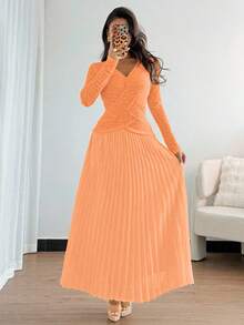 Rafferiza Robe élégante pour femmes à col V, avec boutons décoratifs, couleur unie, avec plis croisés et ourlet plissé - Orange - Voir 5