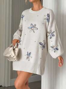 EURMUSE Embroidered Floral Knit Sweater With 3D Blue Flower Appliques And Pearl Embellishments Sweater Dress Floral Applique Dress Jumper Dress Daisy Dress Flower Dress / Vintage Chic Fashionable Elegant Metal Button Open Front Solid Color Opaque Sleeveless Round Crew Neck Business Jacket Work Outfits Waistcoat Slim Modest Minimalana Casaul Top Tank Knit Vest Sweater For Women Crew Neck Plain Dolman Fashion Casual Loose Cozy Solid Outfit Lounge Long Sleeve Pullover Wide Leg Pants Tracksuit Cable Knit Sw,Jumpers,Women's Jumpers - Beige - View 3