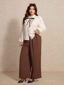 Elaquor Conjunto elegante de duas peças para mulheres plus size com blusa de manga comprida com detalhe de laço e calça pantalona. - Multicolorido - Ver 6