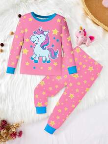 Snug Fit  Little Girls Fitted Loungewear 2-Piece Set - Pink Blue Unicorn Pajamas Glow UV Unicorn Star Print Crew Neck Design Pink Blue Dreamy Unicorn Color Elastic Fitted Fabric Long Sleeve Crew Neck Fitted Top Cuffed Pants Unicorn Star Combo Social Media Style Dreamy Unicorn Spring Summer Autumn Winter Holiday Essential Little Girls Fitted Home Set .This Product Requires UV Light Exposure To Glow. - Multicolor - View 3