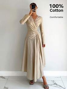 Siren Gaze 女式纯棉和亚麻褶皱腰不对称下摆长袖连衣裙 - 杏色 - 查看 3