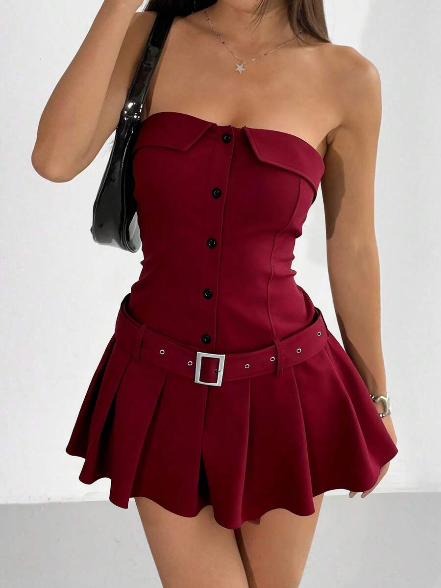 SHEIN EZwear 女士酒红色无肩带极简抹胸连衣裙，适合夏季穿着 - 酒紅色 - 查看 1