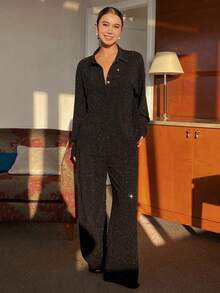 Dazy Tall 高个女式宽松亮片上衣和直筒裤两件套休闲套装 - 黑色 - 查看 5