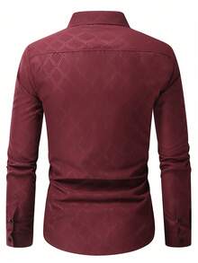 Manfinity Mode 男士前开襟菱格纹商务休闲长袖衬衫 - 酒紅色 - 查看 2