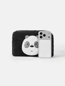 We Bare Bears X SHEIN 1个黑色毛绒时尚便携大容量化妆包 - 黑色 - 查看 5