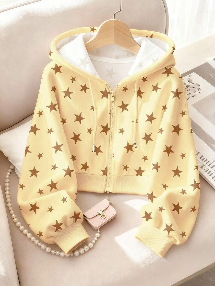 Resyla 1 pièce sweat-shirt court zippé minimaliste et avec imprimé étoile pour femmes, cadeau pour les amis - Blanc - Voir 1