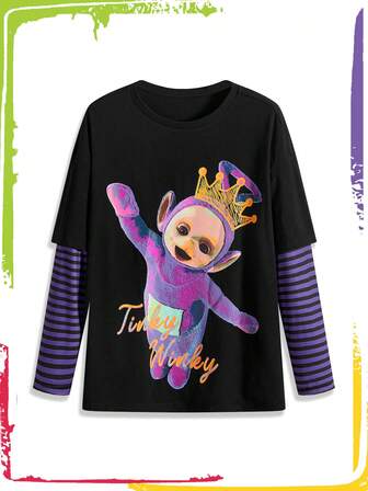 Teletubbies X ROMWE maglietta a maniche lunghe con motivo a cartoni animati e righe a contrasto, taglie comode