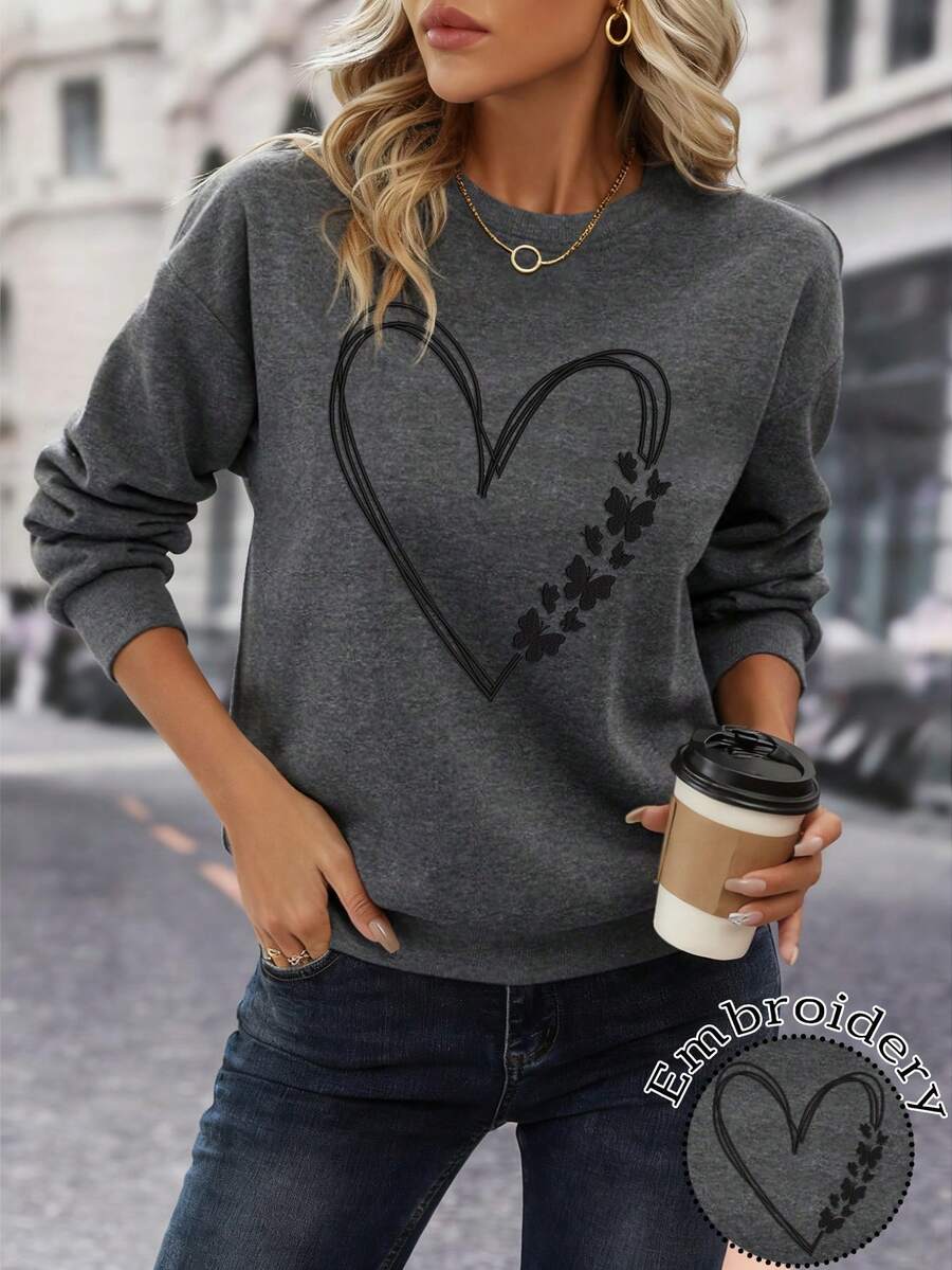 EMERY ROSE Ladies' Grey Sweatshirt, Long Sleeve, Round Neck, Loose And Comfortable, Autumn And Winter Embroidered Style. - Grey - View 1