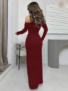 Jemour Women's Simple Daily Date, Elegant Party, Long-Sleeved, Tight-Fitting, Sexy Solid Color Stretch Knitted, Sloping Shoulder Collar, Romantic Date, Autumn And Winter Bottoming Knitted Dress, Night Out Dress, Halloween And Christmas Long Dress - Burgundy - View 2