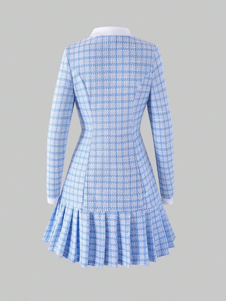 SHEIN Tween Girl Casual Collegiate Striped Pattern Colorblock Big Bow Decor Pleated Hem Fitted Dress - Blue - View 2