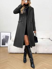 SHEIN LUNE Women's Elegant Minimalist Double-Breasted Overcoat - Dark Grey - View 4