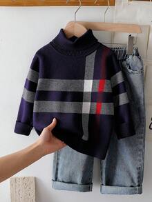 SHEIN Playful Pals 男童休闲条纹提花高领毛衣，柔软舒适，适合户外活动、度假、日常穿着、上学、托儿所、玩耍以及秋冬季穿着。 - 寶藍色 - 查看 4