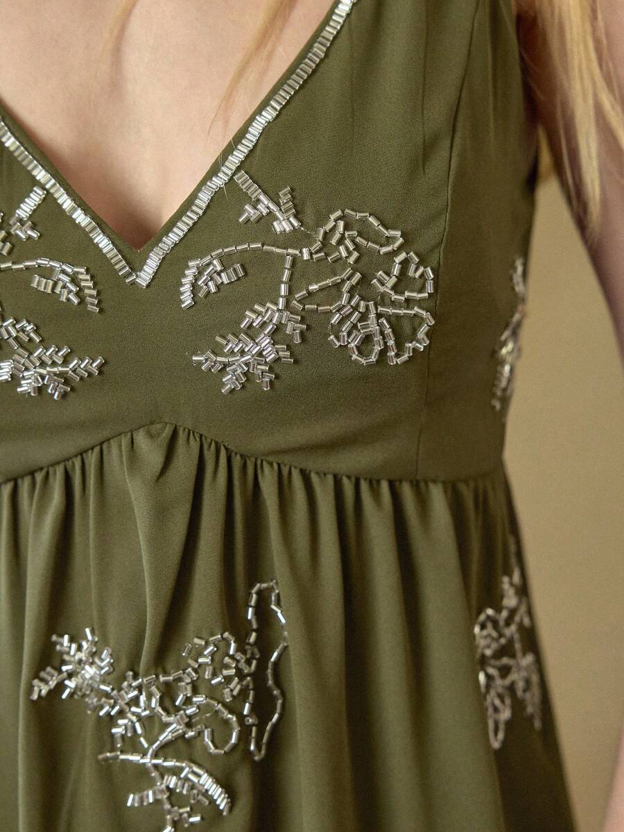 MOTF STUDIO WOMEN'S V-NECK BEADED DETAIL BABYDOLL CAMI TOP, AUTUMN/WINTER - Army Green - View 2