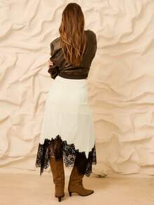 Aralina 女士休闲撞色蕾丝开衩半身裙，秋季 - 米色 - 查看 2