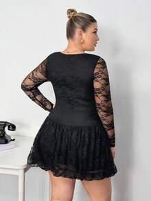 Truni Plus Size Women's Sheer Lace Long Sleeve Mini Dress, Lace Peplum Hem Mini Dress, Square Neck Detail Dress/Autumn /Winter - Black - View 2