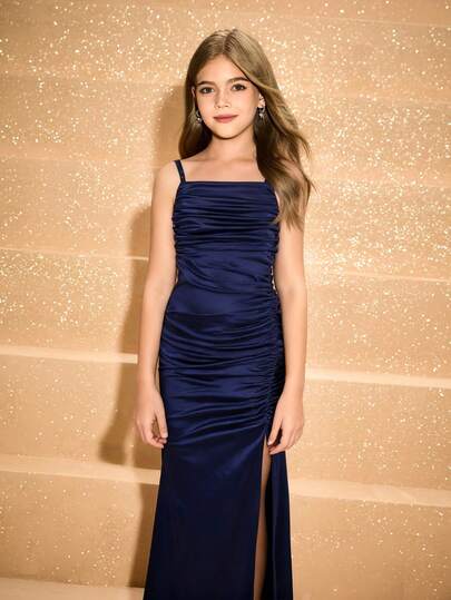 Tween Girl Elegant Minimalist Sophisticated High Waist Long Dress With Square Neck, Waist Cinching Design, Satin Fabric, Suitable For Graduation, Prom, Christmas Party, Formal Occasions, Navy Blue