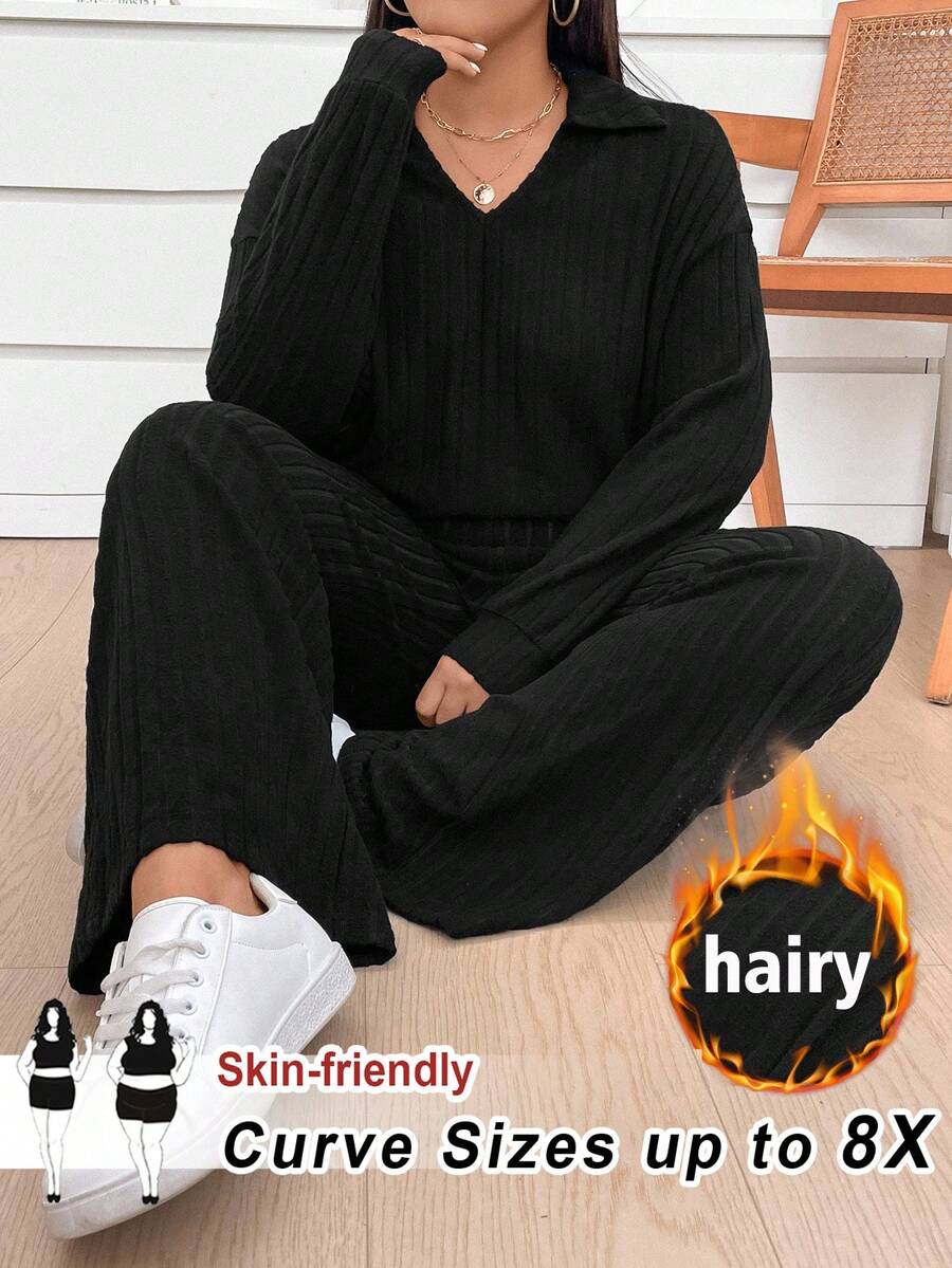 SHEIN CURVE+ Bộ 2 quần thường ngày có túi và áo nỉ cổ tròn in họa tiết da báo cỡ lớn - màu đen - Xem 1