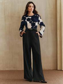 Anewsta Women's Floral Pattern Hollow Round Neck Long Sleeve Fashionable Sweater - Navy Blue - View 5