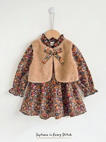 Cozy Pixies Baby Girl Floral Print Round Neck Long Sleeve Dress With Thermal Lined Sleeveless Vest 2-Piece Set Toddler Winter Dresses Baby Girl Dress Fall Baby Girl Clothes Spring Fall 2pcs Set Baby Girls Cute Vintage Style Floral Boho Toddler Dress