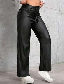 Pantalón vinipiel ajustado de cadera pierna ancha piel sintética otoño invierno comodo dama moda casuales - Negro - Ver 2