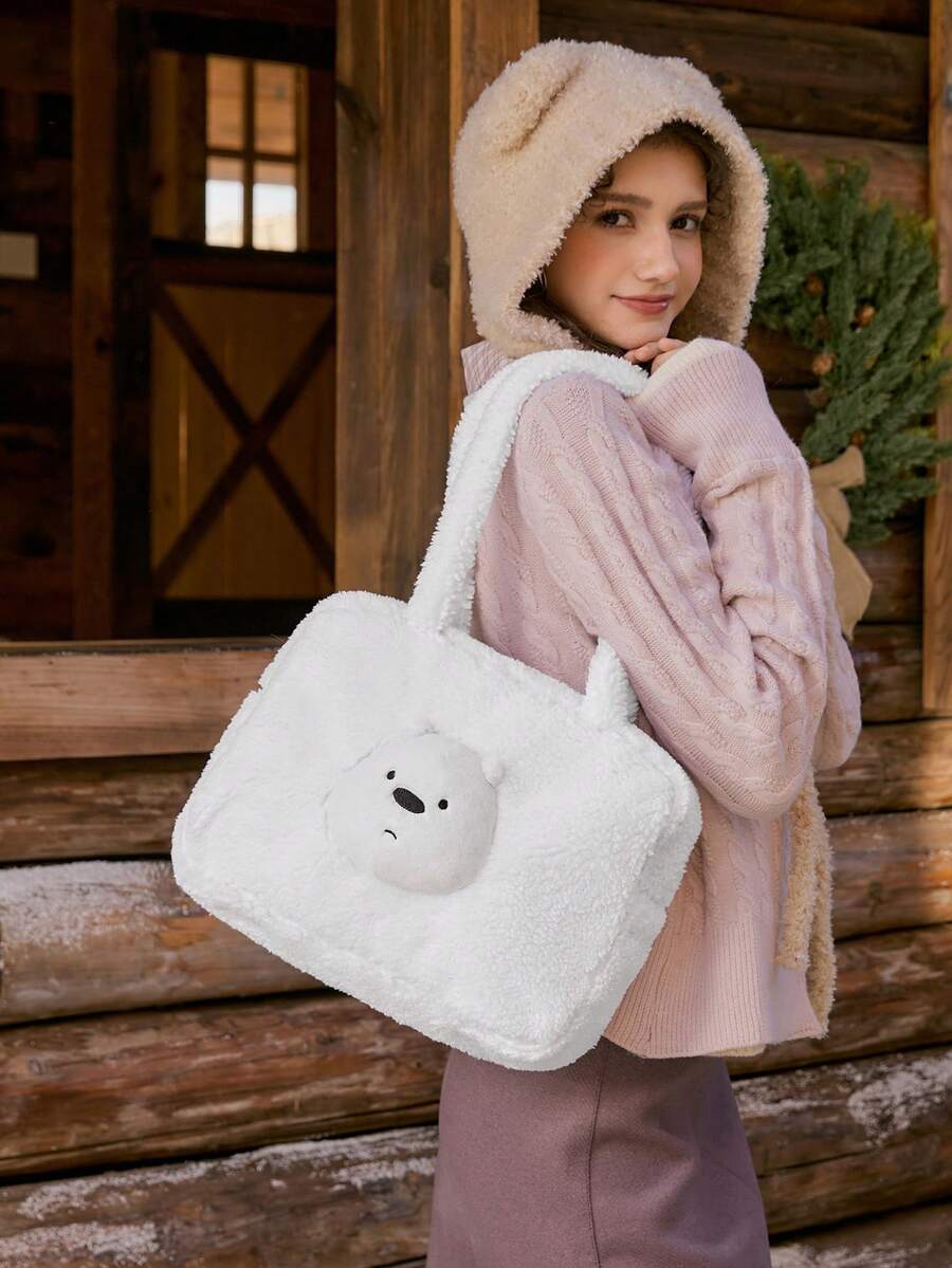 We Bare Bears X SHEIN 1pc White Fashion Portable Doll Head Design Large Capacity Tote Bag For Women - White - View 1