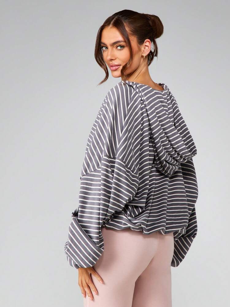 MISSGUIDED Oversized Striped Fleece Hoodie Without Drawstring Long Sleeve Casual Pullover Sweatshirt For Fall Winter Loungewear