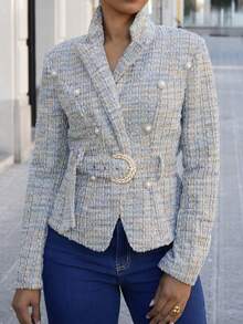Yess Loren Women's Elegant Flat Lapel Double Breasted Blazer, Autumn And Winter Jacket, Retro Jacket,Winter Women Outfits,Winter Women Coat,Plus Size Women's Elegant Notched Collar Double-Breasted Blazer Jacket, Vintage Style, Autumn/Winter,Winter Coats,Autumn Coats,Fall  Coats - Multicolor - View 4