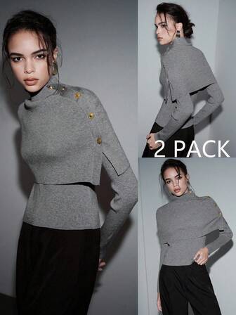 SHEIN Luminelle New Women Metal Button Decoration Long Sleeve Knitted Sweater Poncho, Christmas Grey Top High Neck Tops Mock Neck Sweater Top Turtle Neck Women