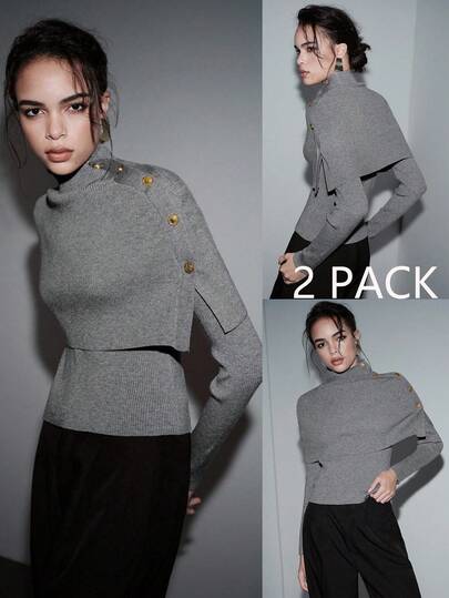 SHEIN Luminelle New Women Metal Button Decoration Long Sleeve Knitted Sweater Poncho, Christmas Grey Top High Neck Tops Mock Neck Sweater Top Turtle Neck Women