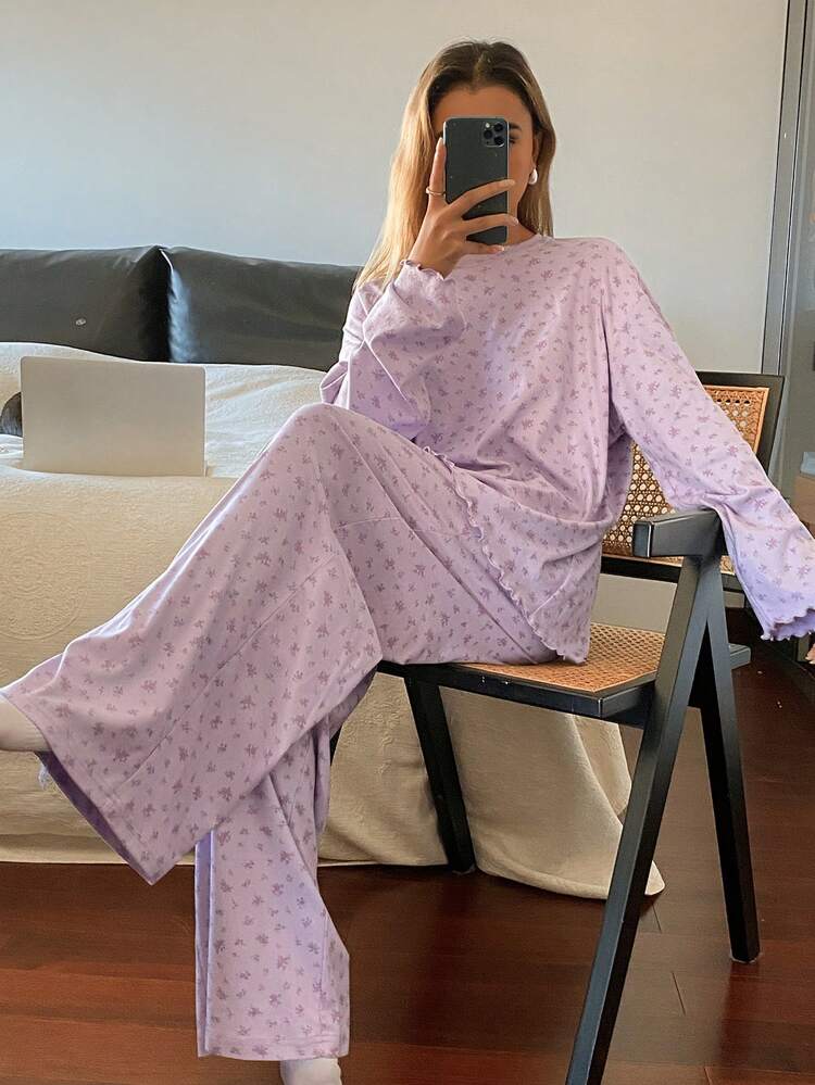 2pcs Ditsy Floral Loose Comfortable Long Sleeve Pajama Set For Women, Winter Clothes