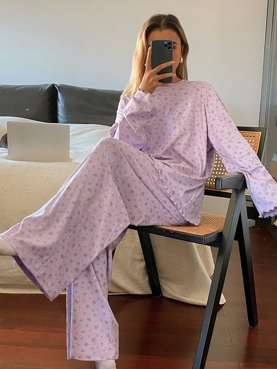 DAZY 2 piezas Conjunto de pijama de manga larga holgado y cómodo con estampado floral diminuto para mujer, ropa de invierno - Púrpura malva - Ver 1
