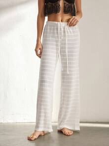Ocili Women's Solid Color Crochet Low Waist Straight Leg Pants, Loungewear - White - View 4