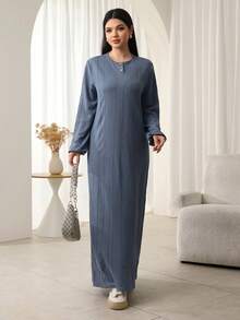 Mulvari Women's Casual Gray-Blue Round Neck Dress, Autumn/Winter - Blue - View 5