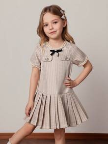 PrepCrw Young Girl's Bowknot Decor Short Puff Sleeve Dress, College Style For Spring And Summer - Multicolor - View 1