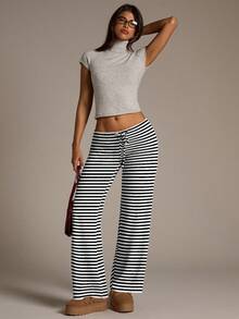 Aloruh Women's New Low Waist Brown Striped Pants, Autumn/Winter,Fall,Fall Clothes For Women,Women's Winter Clothes