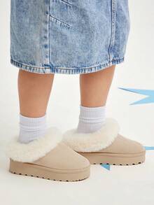 Mini mi #CozySteps Kids' Fabric Suede Beige Platform Clogs With Plush Fur Collar – Warm & Snug Style For Everyday Adventures - Beige - View 2