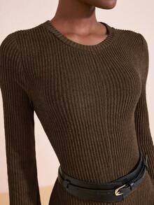 Zivah Women's Shades Of Brown Elegant Autumn Everyday Long Dress,Mustard Yellow Brushed Striped Knitted Round Neck Long Sleeve Large Swing Back Tie Dress - Brown - View 7