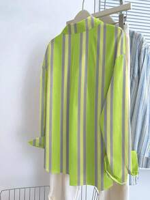 INAWLY Women's Green Stripe Striped Fashionable Polo Collar Long Sleeve Casual Preppy Shirt Top, Autumn Cloth For Women School Teacher - Multicolor - View 2