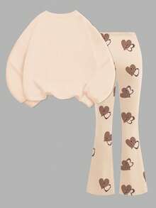 Completo casual da donna composto da felpa girocollo a maniche lunghe e pantaloni a zampa, in stile vintage minimalista con stampa leopardata a cuore, adatto per autunno/inverno, per uscite, stile di strada, casa, stile boho, festival musicali - Multicolore - Visualizzare 3