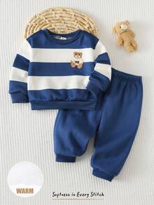 Cozy Pixies مجموعة بلوزة طويلة الأكمام بياقة طاقم وبنطال خصر مطاطي لطفل صبي، لون متباين محبوك ناعم، بطانة حرارية سميكة للشتاء، بلوزة دب، بلوزة مخططة - الأزرق - مشاهدة 6