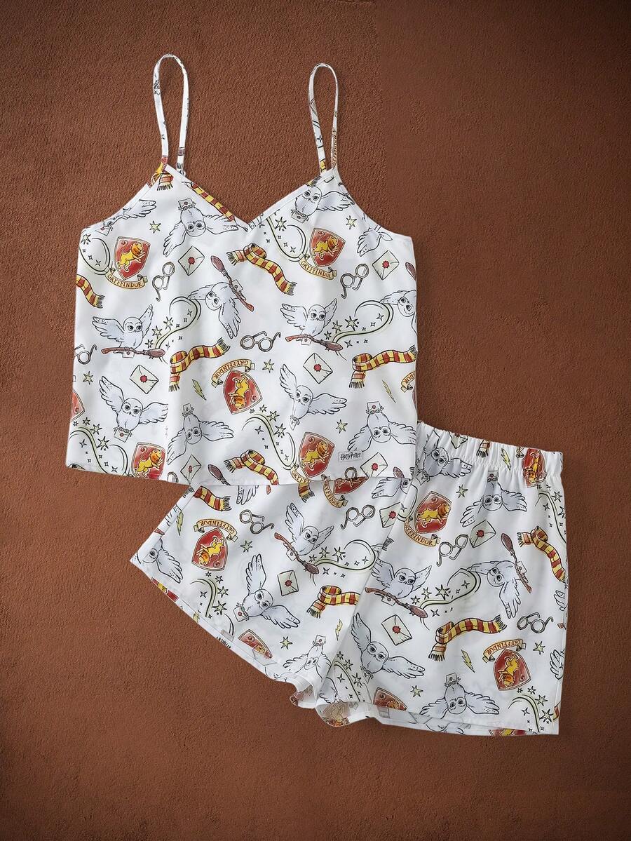 HARRY POTTER X SHEIN Women's Summer Owl All-Over Print Cami Top And Shorts Pajama Set - White - View 1