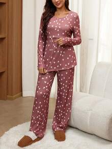 SHEIN Heart Print Nursing Top And Pants 2 Pieces Set For Pregnant Women - Multicolor - View 7