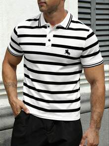 Manfinity Dauomo Classic Centaur Knight Print, Vertical Stripe Print Pattern, Stylish Men's Polo Shirt, Casual Versatile Wear, Autumn - Black and White - View 4